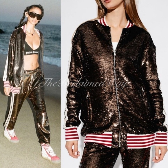 Palm Angels Jackets & Blazers - Palm Angels Sequin Track Jacket Zip Up Striped Oversized Coat Chocolate Brown